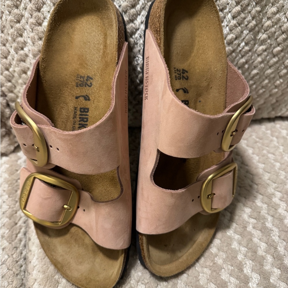 Birkenstock Blush Sandals with Gold Buckles - Picture 2 of 5